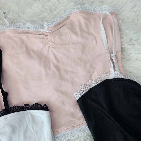Charlotte Russe crop spaghetti straps lace trim cami tops. Pink-Black-Wh… - Picture 4 of 9